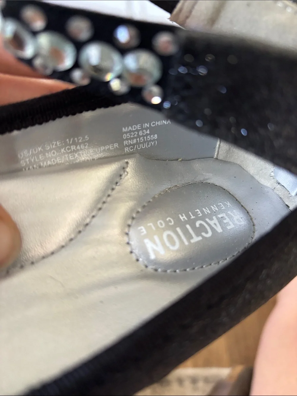 Kenneth Cole Reaction Black Glitter Ballet Flats with Rhinestone Ankle Strap